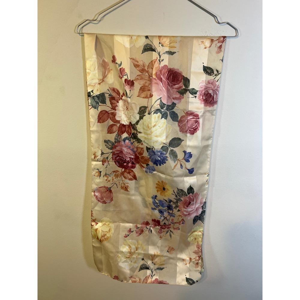 Unbranded Womens Scarf Floral Rose Print Satin Stripe‎ Cream OS